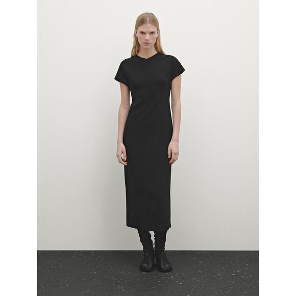 Massimo Dutti Black Crepe Midi Dress NEW Size 10 - Picture 1 of 13